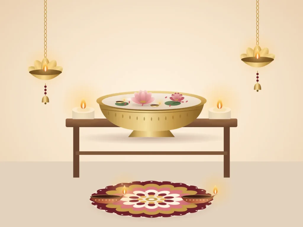 The same console table styled for Diwali with an urli, hanging diyas, tealights and rangoli