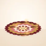 Round decorative rangoli in burgundy, gold and rose with diyas
