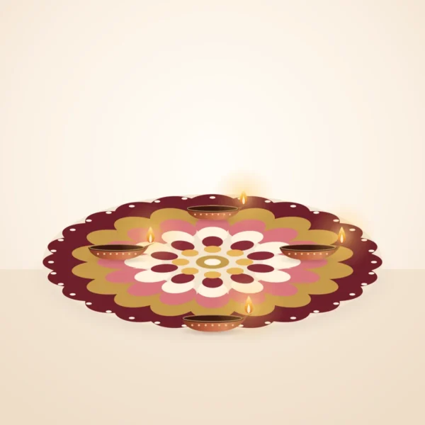 Round decorative rangoli in burgundy, gold and rose with diyas