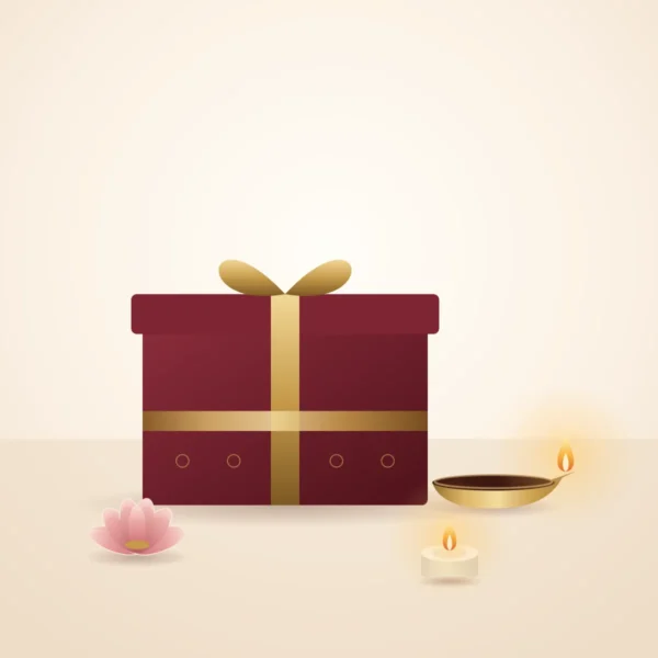 Burgundy gift box with gold ribbon, brass diya and tealight