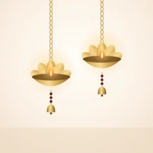 Pair of brass-finish lotus hanging diyas with bells