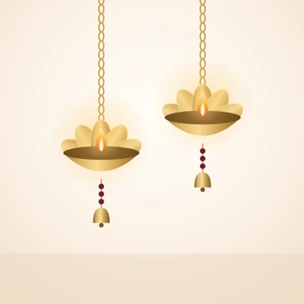 Pair of brass-finish lotus hanging diyas with bells