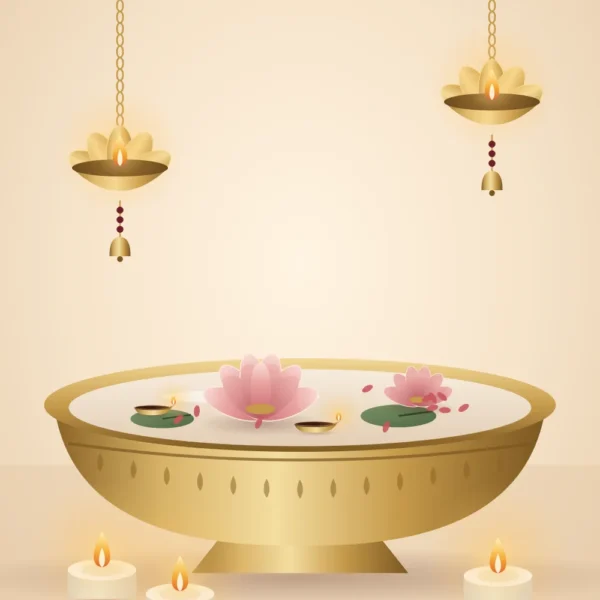 Festive Diwali setup with a brass urli, hanging lotus diyas and glowing tealights