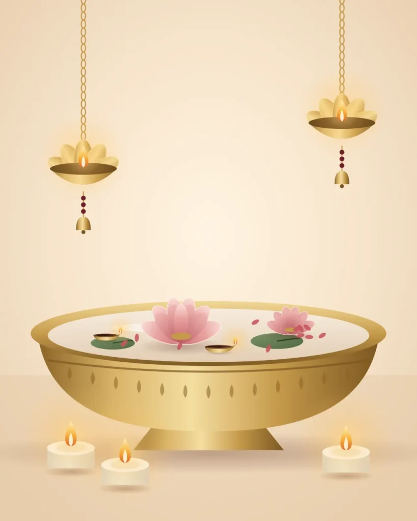 Festive Diwali setup with a brass urli, hanging lotus diyas and glowing tealights