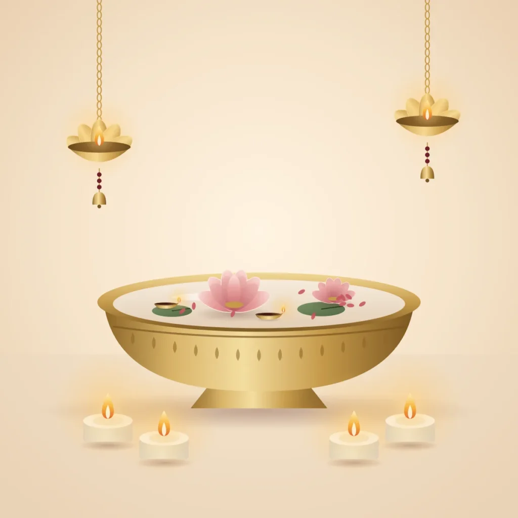 Diwali setup with lotus urli, hanging diyas and tealights