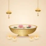 Diwali setup with lotus urli, hanging diyas and tealights