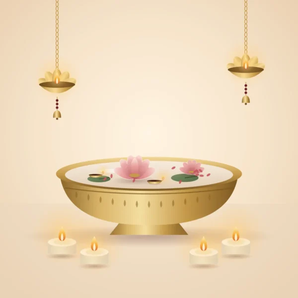 Diwali setup with lotus urli, hanging diyas and tealights